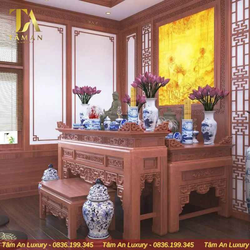 Mẫu phòng thờ phật gỗ Hương cao cấp PT04 kết hợp với tranh trúc chỉ hiện đại