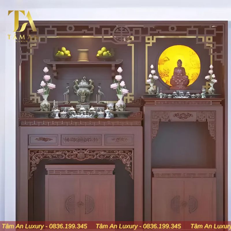 Bàn thờ Phật có kích thước đẹp, phù hợp với không gian gia đình