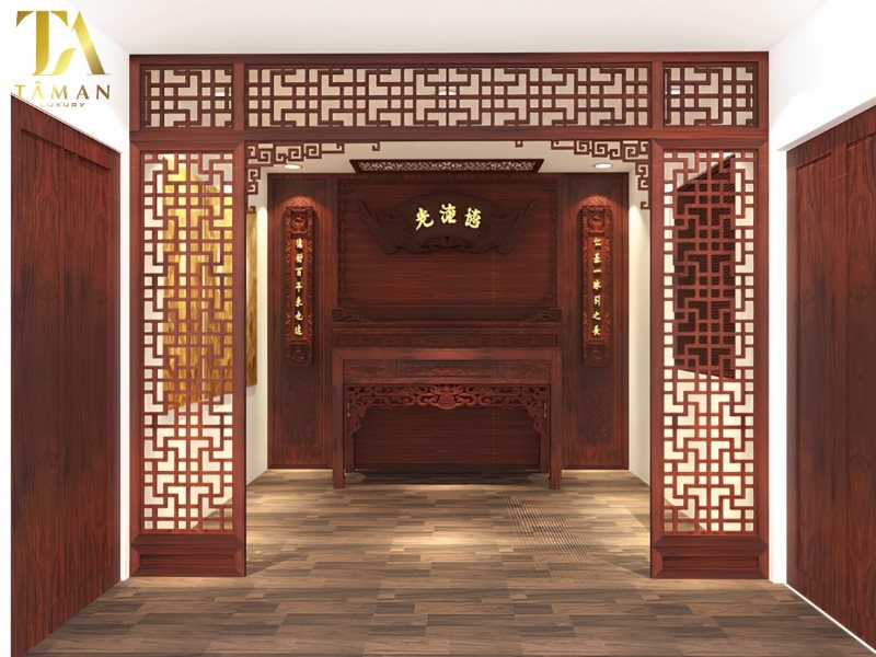 Vách ngăn phòng thờ với phòng khách cho cách bố trí phòng thờ