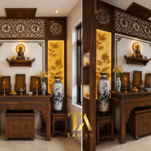 Phòng thờ gia tiên kết hợp thờ phật hiện đại - PT92 Bàn thờ gia tiên kết hợp thờ phật đẹp cao cấp