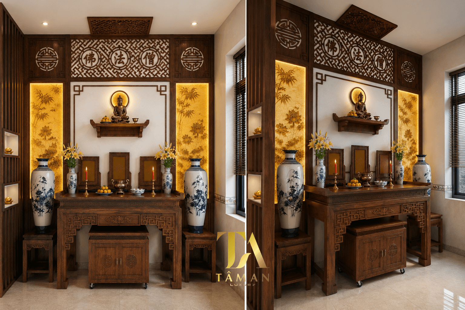 Phòng thờ gia tiên kết hợp thờ phật hiện đại - PT92 Bàn thờ gia tiên kết hợp thờ phật đẹp cao cấp