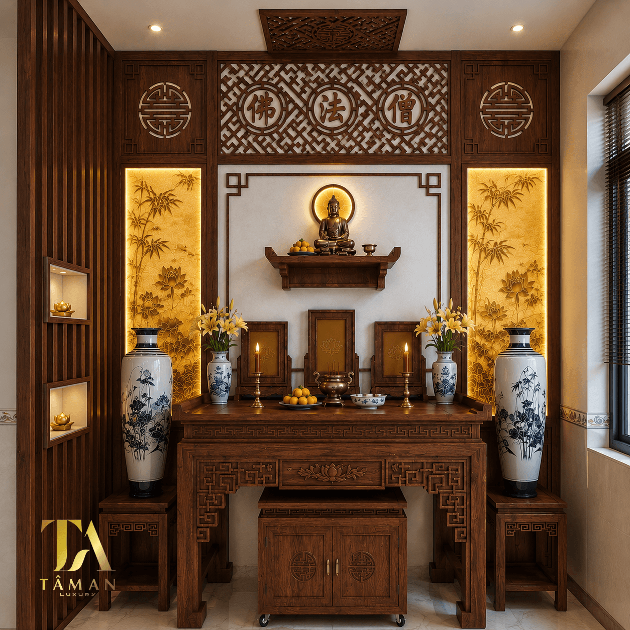 Phòng thờ gia tiên kết hợp thờ phật hiện đại - PT92 Phòng thờ gia tiên kết hợp thờ phật hiện đại - PT92