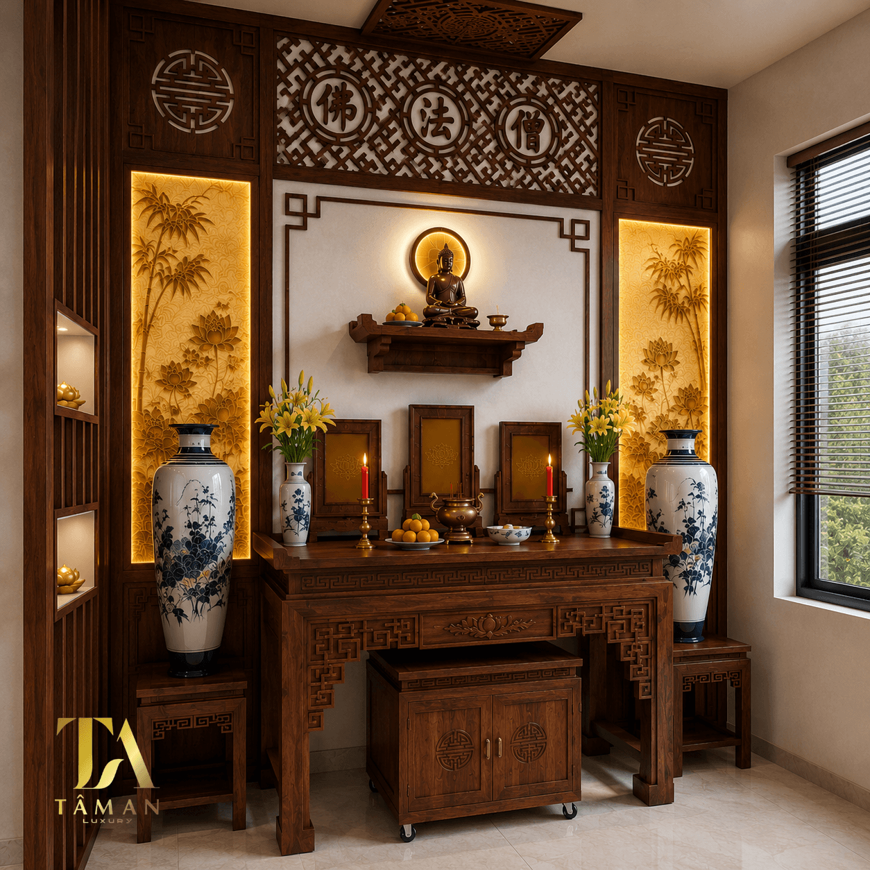 Phòng thờ gia tiên kết hợp thờ phật hiện đại - PT92 Phòng thờ gia tiên kết hợp thờ phật - PT92