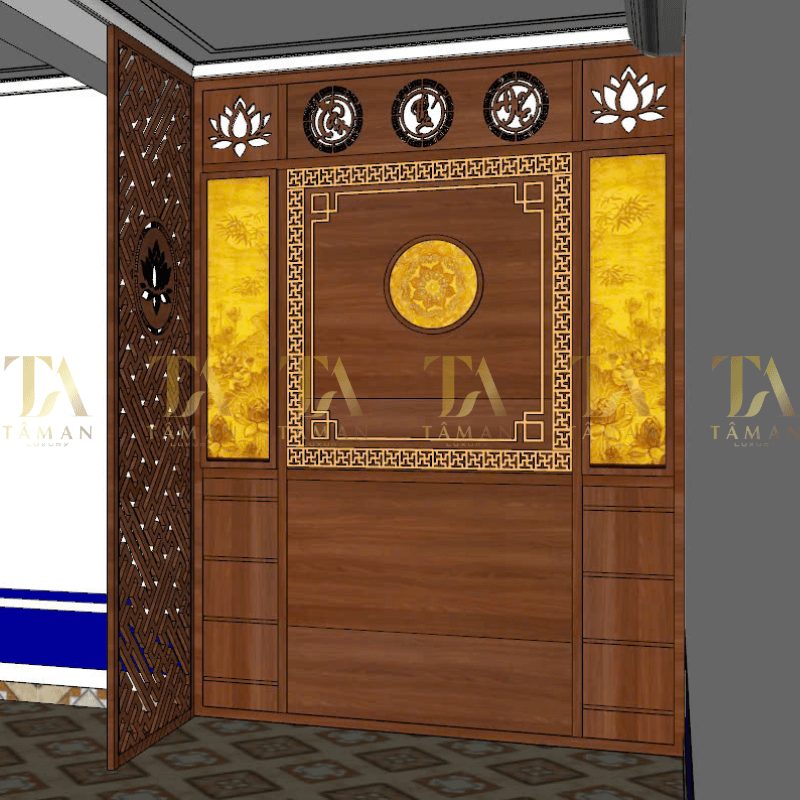 Vách ngăn hậu kết hợp với tranh trúc chỉ