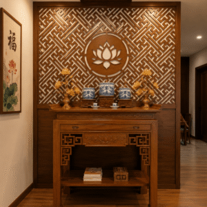 Vách Ngắn Ốp Hậu Bàn Thờ Hoa Sen Hiện Đại - VN011